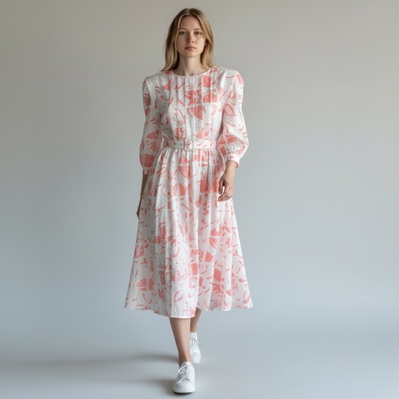 jonathan martin Dresses & Skirts - Vintage 80s Jonathan Martin Belted Midi Dress Padded Shoulders Coral White 9/10